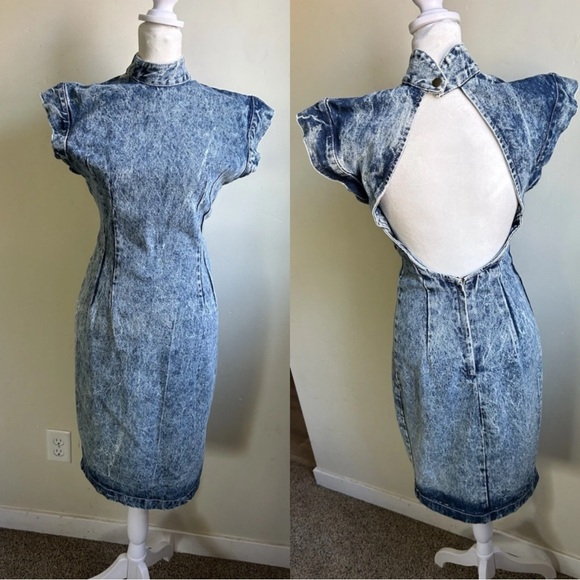 Paris Blues Dresses & Skirts - Vintage Paris Blues 90s Acid Wash Mock Neck Bodycon Backless Midi Dress